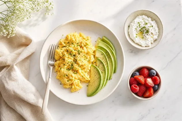 A high protein breakfast of scrambled eggs, avocado, cottage cheese and berries