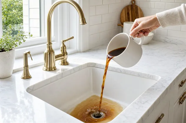 A cup of black coffee being poured out into a kitchen sink