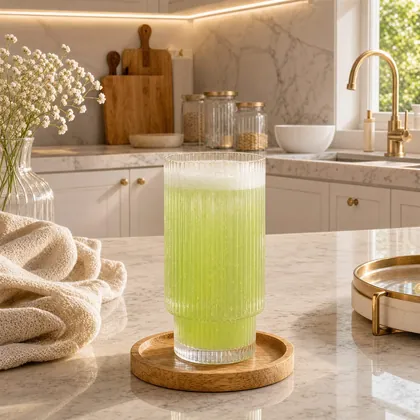 A homemade green gut-health drink on a kitchen counter