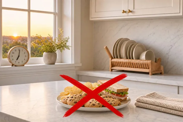 A plate of evening snacks crossed out on a kitchen island at 7pm