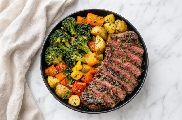 A plate of steak, roasted vegetables and potatoes