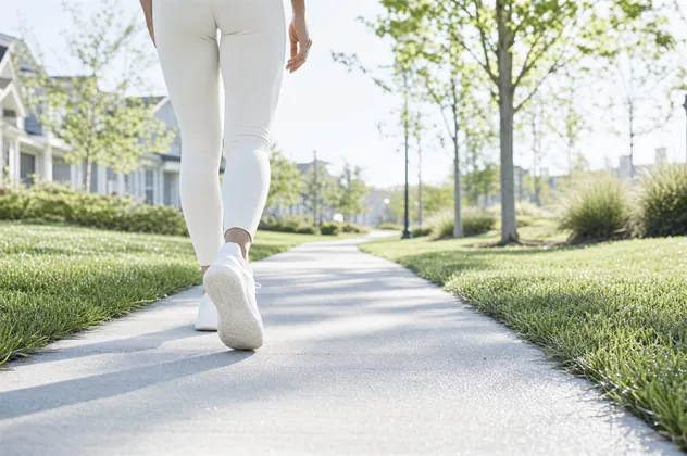 Walking a sunny suburban path in the morning before breakfast