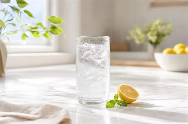 A glass of ice water with lemon on a marble counter